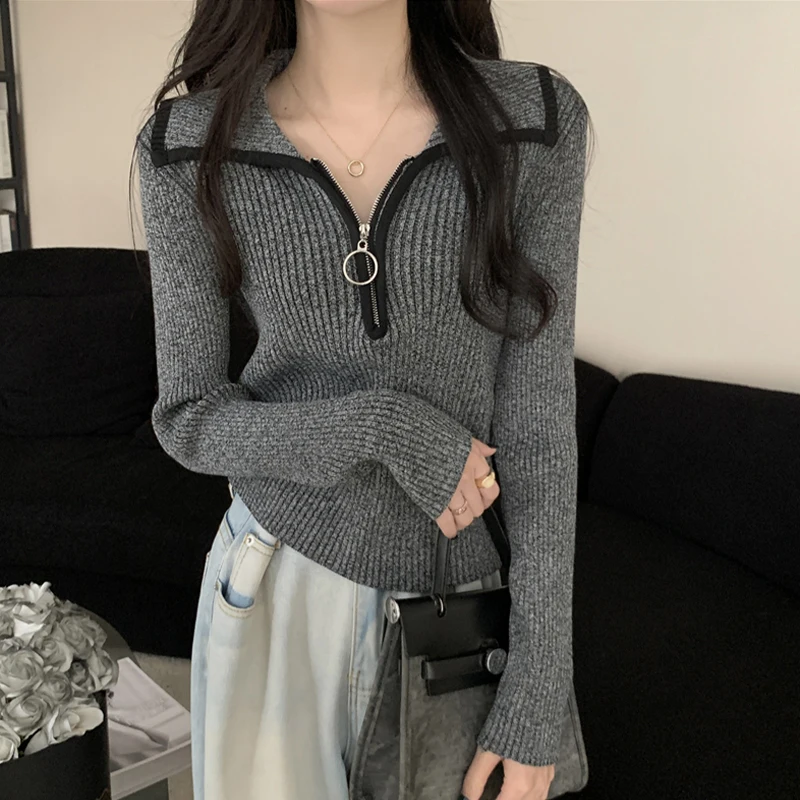 Contrast Color Half Zipper Laple Sweater Women's Spring Autumn Knitted Pullover