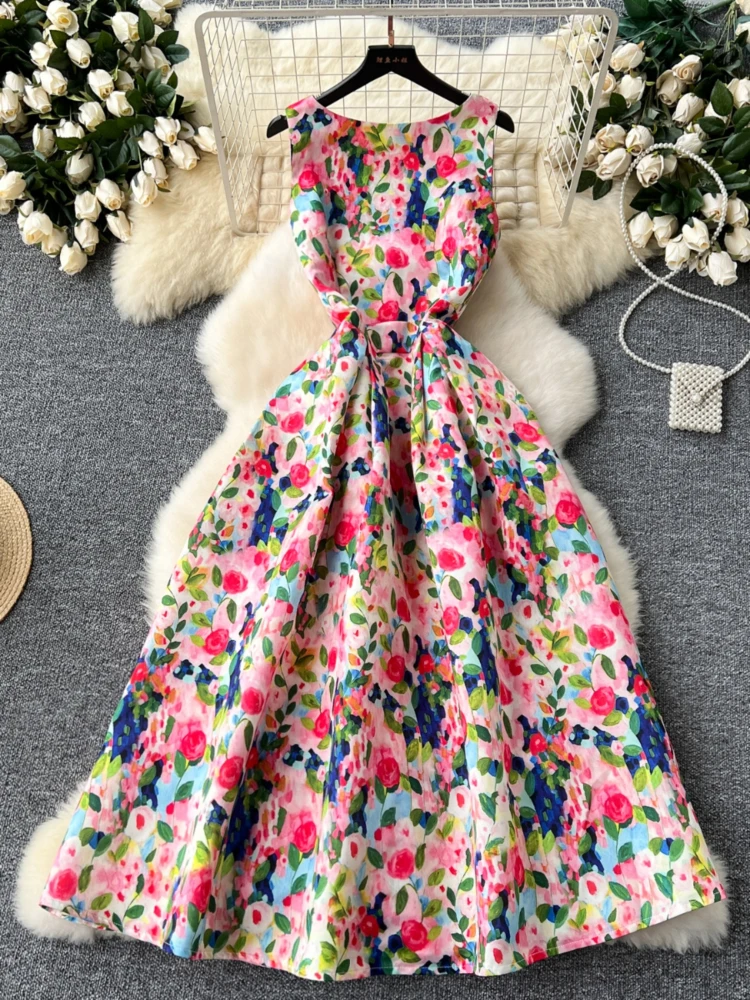 

Women Sleeveless Elegant Dress Retro Elegant High Waisted Pleated Printed Formal Dresses Ladies Summer Slim A-line Long Robe