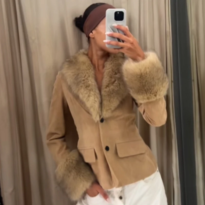 HXAO بليزرات للمرأة فو الفراء سترة المجهزة اقتصاص فو الجلود سترة جلد الغزال للنساء طويلة الأكمام أنيقة المرأة السترة معطف #5