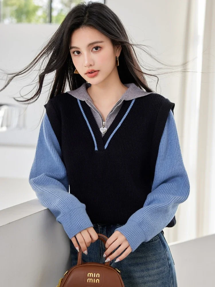 2024 Autumn New Fake Two-piece Patchwork Knitted Sweater Women Fashion Casual Laple Long Sleeve Pullover Knitwear Tops Jumper