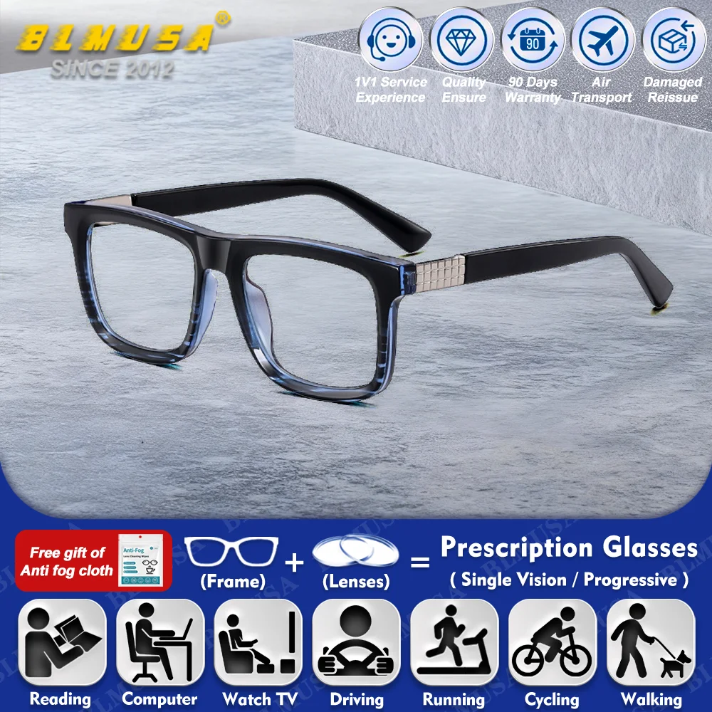 

BLMUSA (M) Trendy Men Square Myopia Prescription Reading Glasses High Quality Anti Blue Ray Photochromic Multifocal Eyeglasses