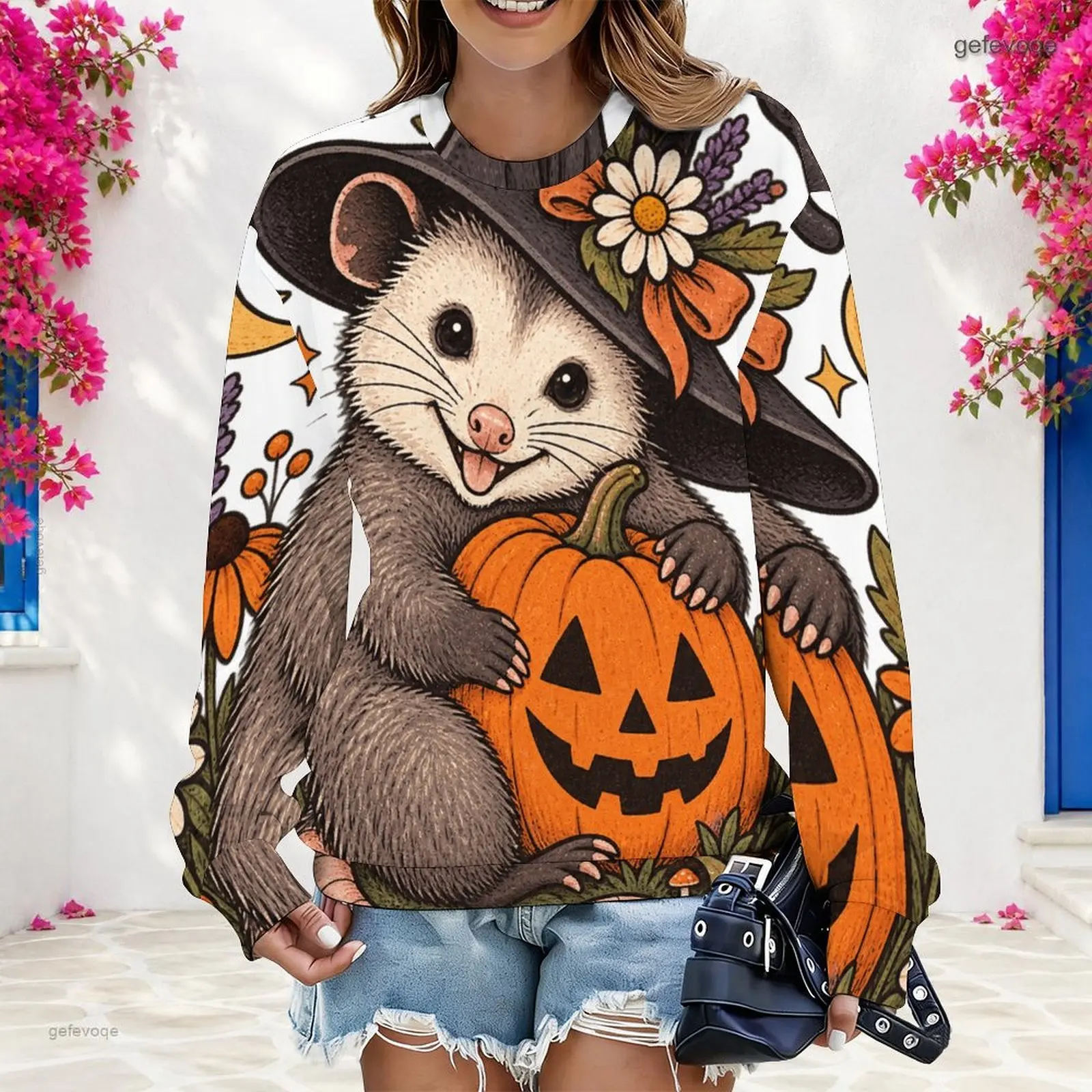 Round Neck Long Sleeve Ribbed Cuffs Pullover Printed Sweatshirt for Women