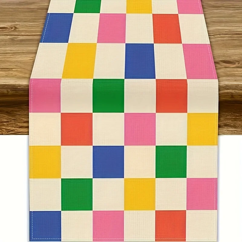 70s Checkerboard Linen Table Runner - Vintage Hippie Groovy Print  Farmhouse Kitchen Party Picnic Decor