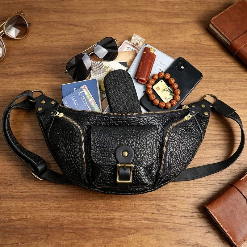 Thicken Natural Genuine Leather Men's Multi-pocket Chest Bag Designer High Quality Real Cowhide Shoulder Crossbody Pack