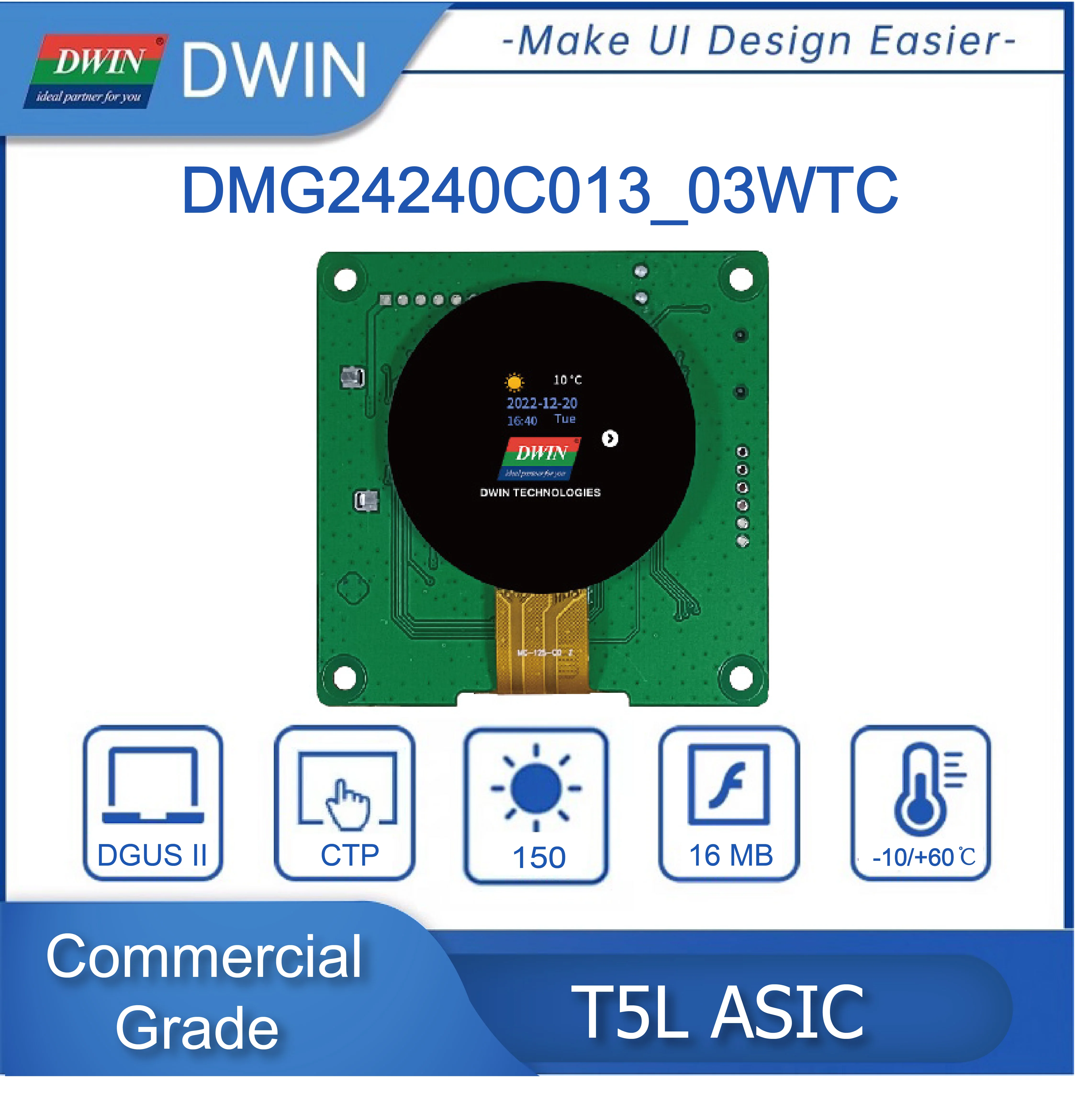 DWIN 1.3 Inch Circular LCD Display 240*240 Pixels Resolution Screen 262K Colors IPS-TFT-LCD Wide Viewing Angle HMI