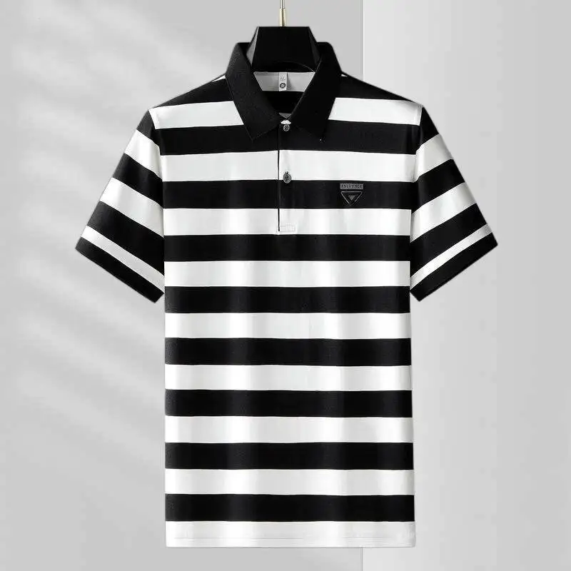 2024 New Fashion Trend Light Luxury Business Stripe Print Casual Loose Oversize Simple Versatile Short Sleeve Polo Shirts