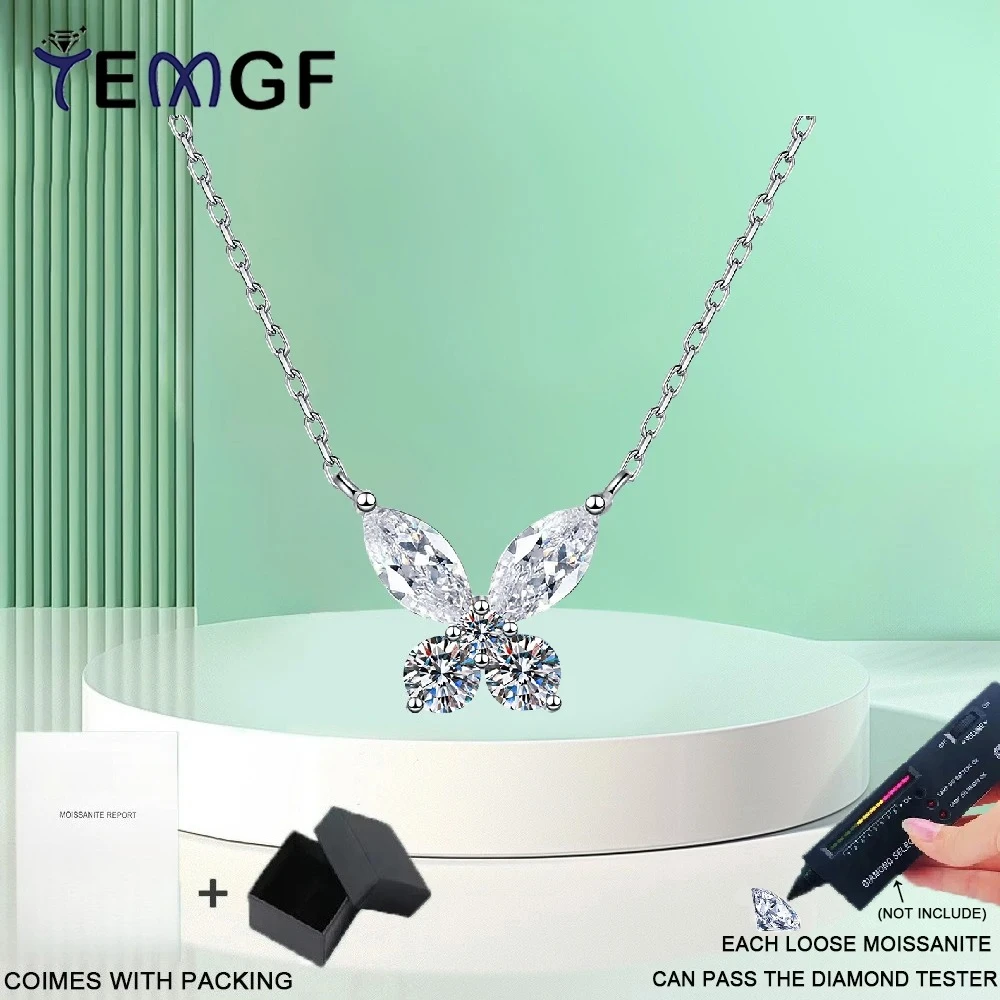 

TEMGF Full Moissanite Necklace With GRA 925 Sterling Silver Chain for Women Fashion Butterfly Design Sparkling Fine Jewelry Gift