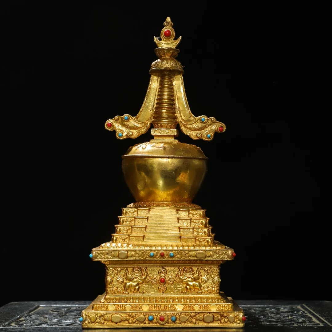 Tibetan Brass Gilt Gemstone Antique Bodhi Pagoda Stupa Tripod Ornament Home Buddhist Hall Incense Case Offering Supplies 33cm