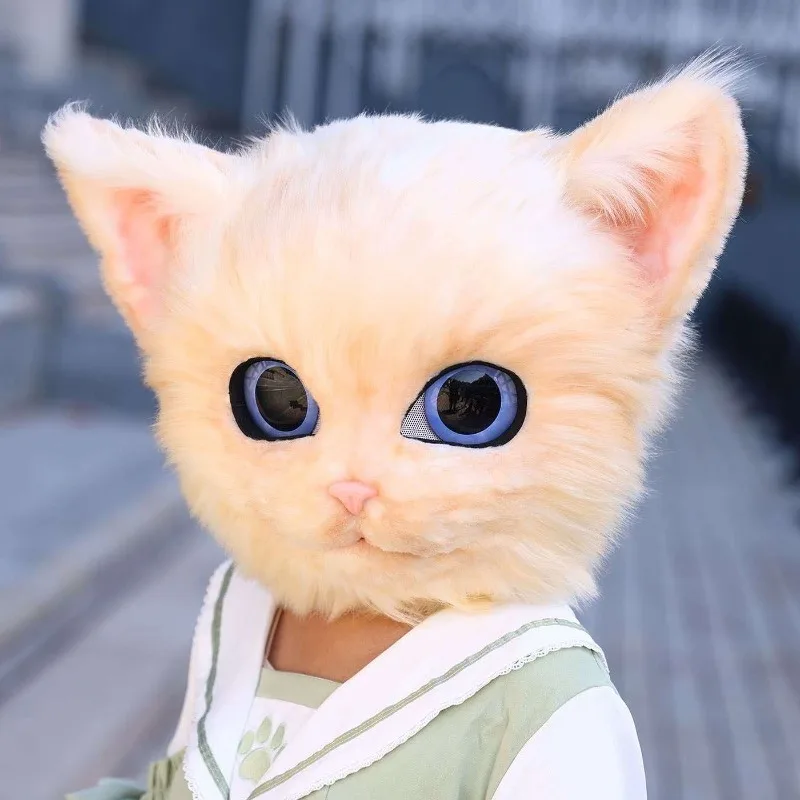 Fursuit Cat Kigurumi Head Mask One Size Plush Furry Headgear for Lolita Cosplay Comic Con Party Stage Performance Costume