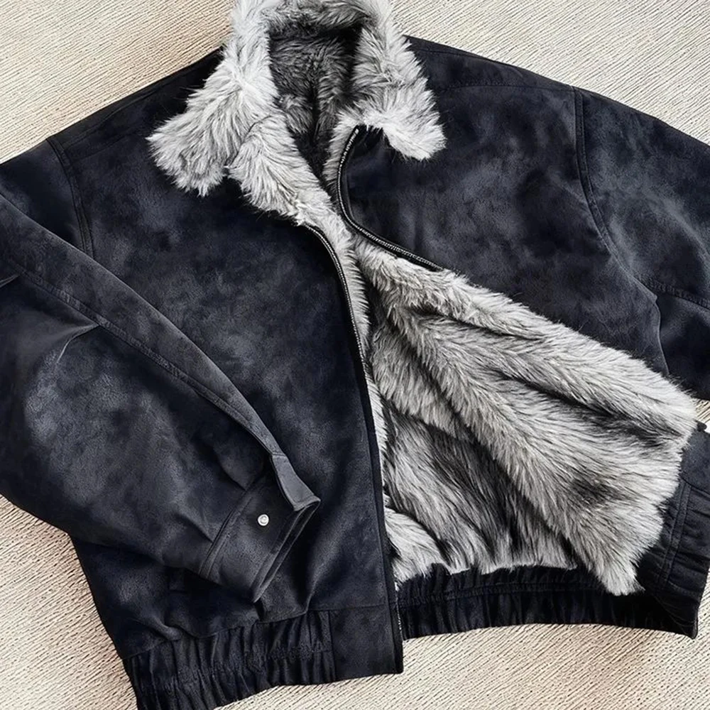 

2025 Winter New Men's Fur-lined Long-Sleeved Jacket American Retro Fashion Trendy High Street Loose Casual Niche Men's Top