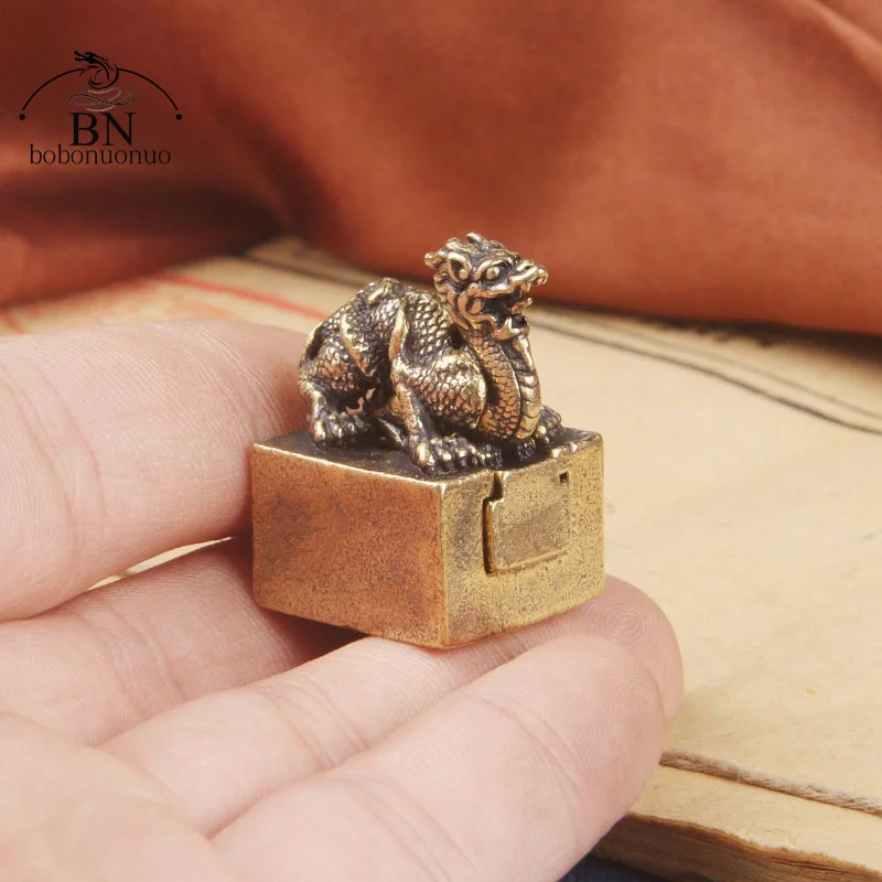 Pure Copper Dragon Carved Small Seal Home Decor Vintage Brass Animal Miniatures Figurines Office Desk Decorations Ornaments