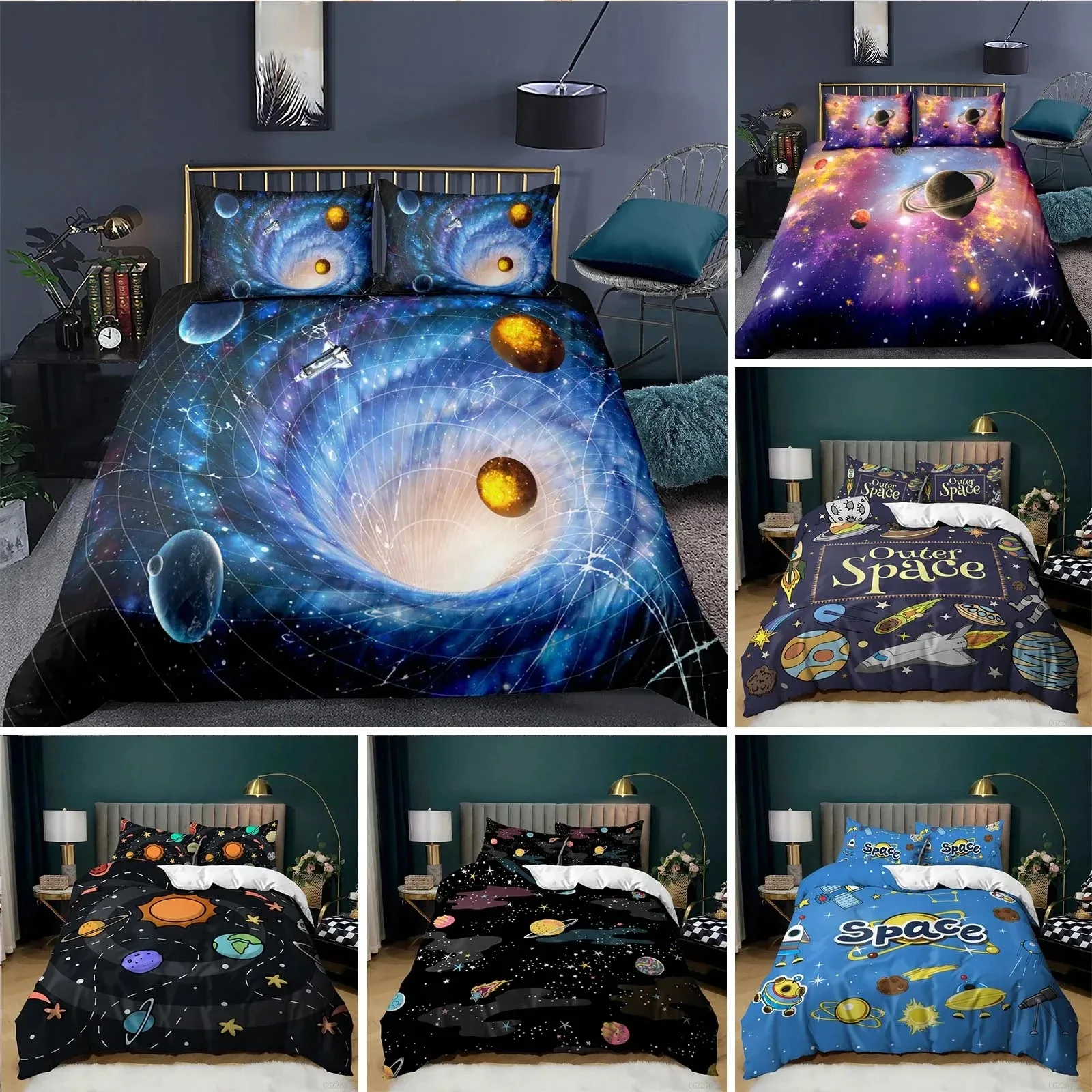 Starry Sky Galaxy Duvet Cover Outer Space Bedding Set For Boys Girls Teen Microfiber Cosmos Solar System Planet Comforter Cover