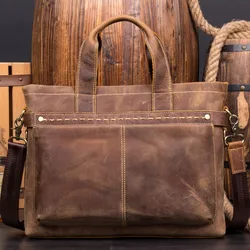 Maletín portátil de cuero crazy horse Retro para hombre, bolso de mensajero de hombro de cuero para negocios, bolso de ordenador