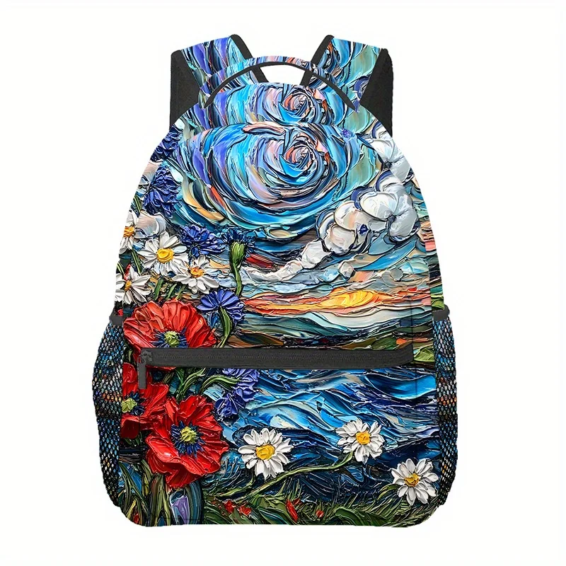 Vibrant Floral Backpack with Red Poppies and Daisies Design Lightweight, Adjustable Straps Comfortable for Travel Hiking Beach
