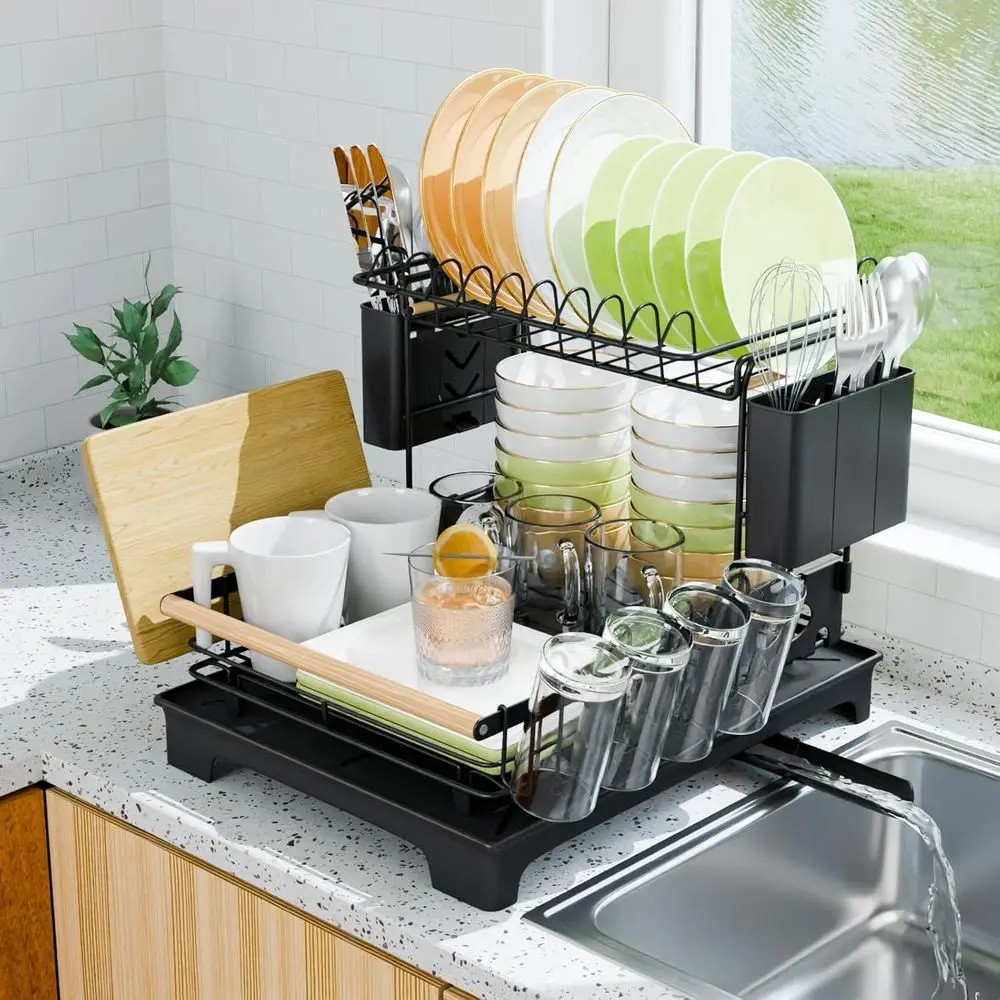

2 Tier Dish Drying Rack, Drying Rack with Automatic Drainboard, Dish Racks or Kitchen Counter, Rustproo Dish Drainer with Remova