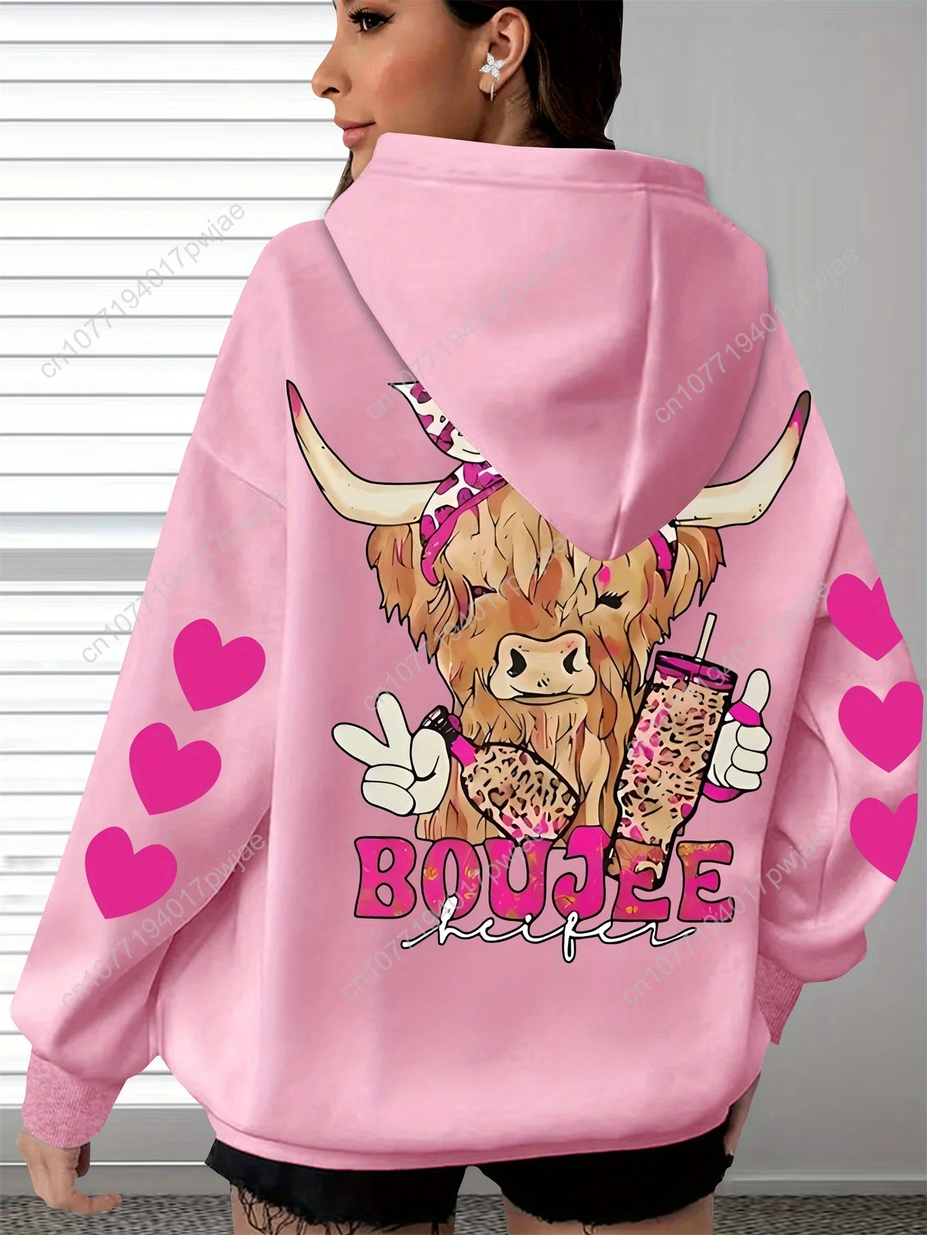 Sweat à capuche surdimensionné pour femme, grande taille, pour la Saint-Valentin, imprimé graphique de vache et de cœurs rose doux avec lettrage BOUJEE, pul polaire confortable