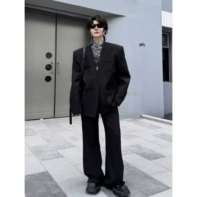 

Casual Men's Two-Piece Suit Set V-Ne Faion ow Stage Wear Pure Color Loose Fit Spring Youth Trendy Brandl Ensemble