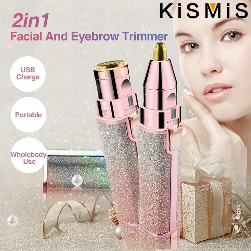 Electric 2 in 1 Portable Lipstick Shaver Eyebrow Trimmer Mini Razor USB Rechargeable Eyebrow Trimming Pen Epilator Facial Hair Remover Face Grooming Tool Easy to Use Gentle Compact Design