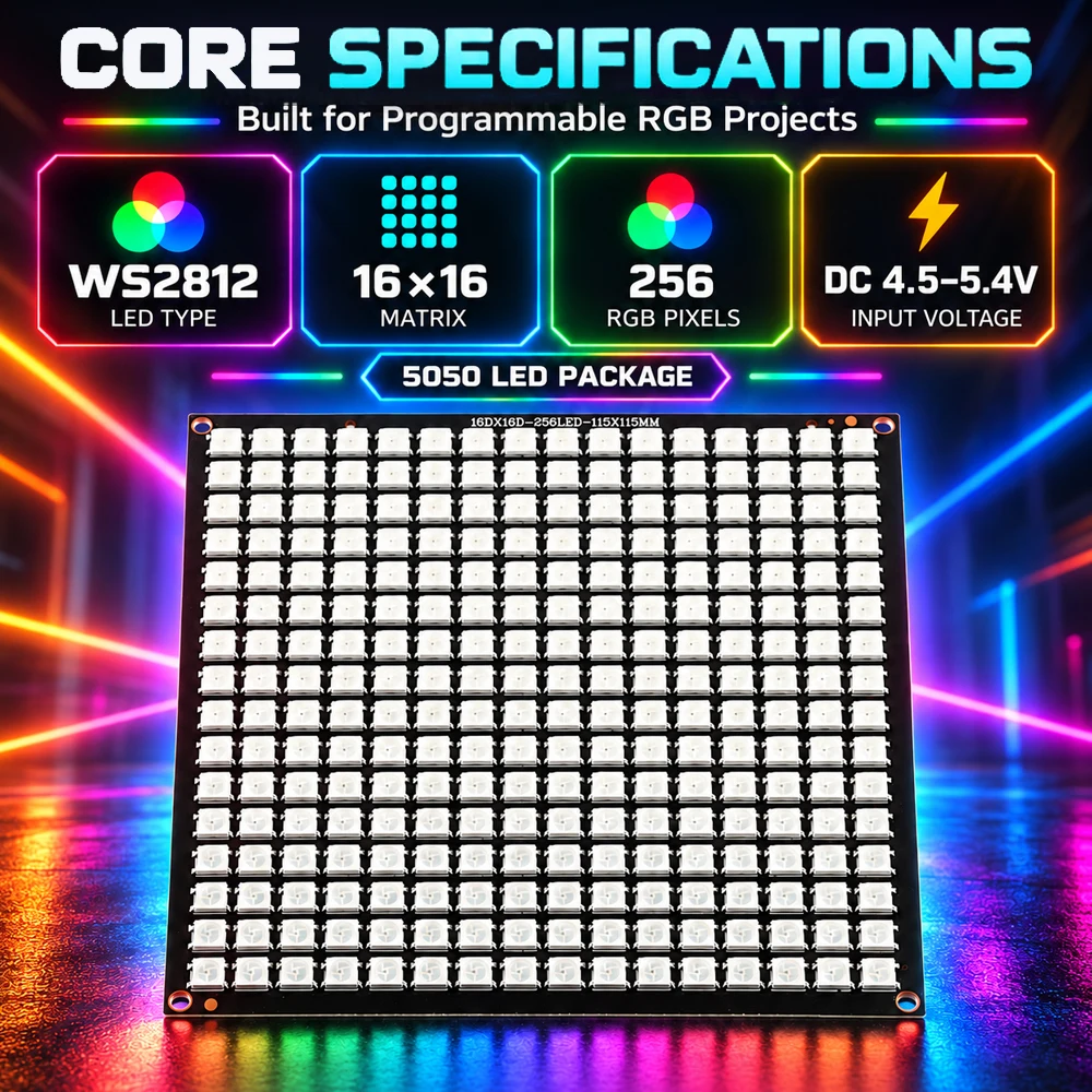 WS2812 LED-Matrix-Panel-Modul 16x16 256 Pixel Vollfarbig Wechselnde Adressierbare RGB-Lichtplatte DC4.5-5.4V für DIY-Dekor-Bildschirm – Detail 5