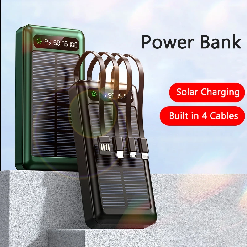 40000mAh/30000mAh Solar Power Bank Built in Cable Outdoor Portable Powerbank LED Display for iPhone 13 12 Xiaomi Huawei Samsung