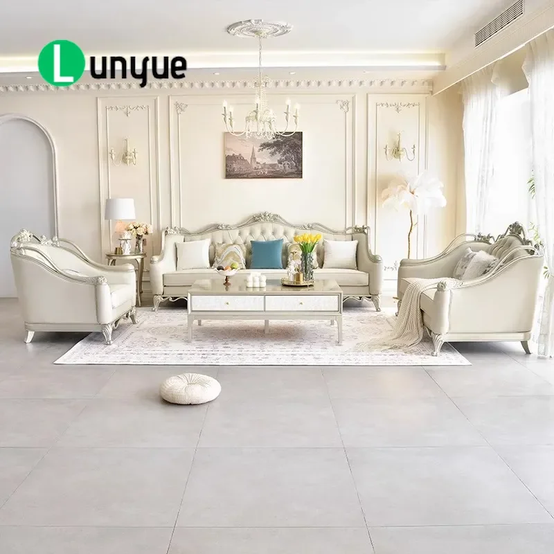 French Light Luxury Neoclassical Fabric Sofa Solid Wood Carved Flower European Court Style High End Villa Living Room