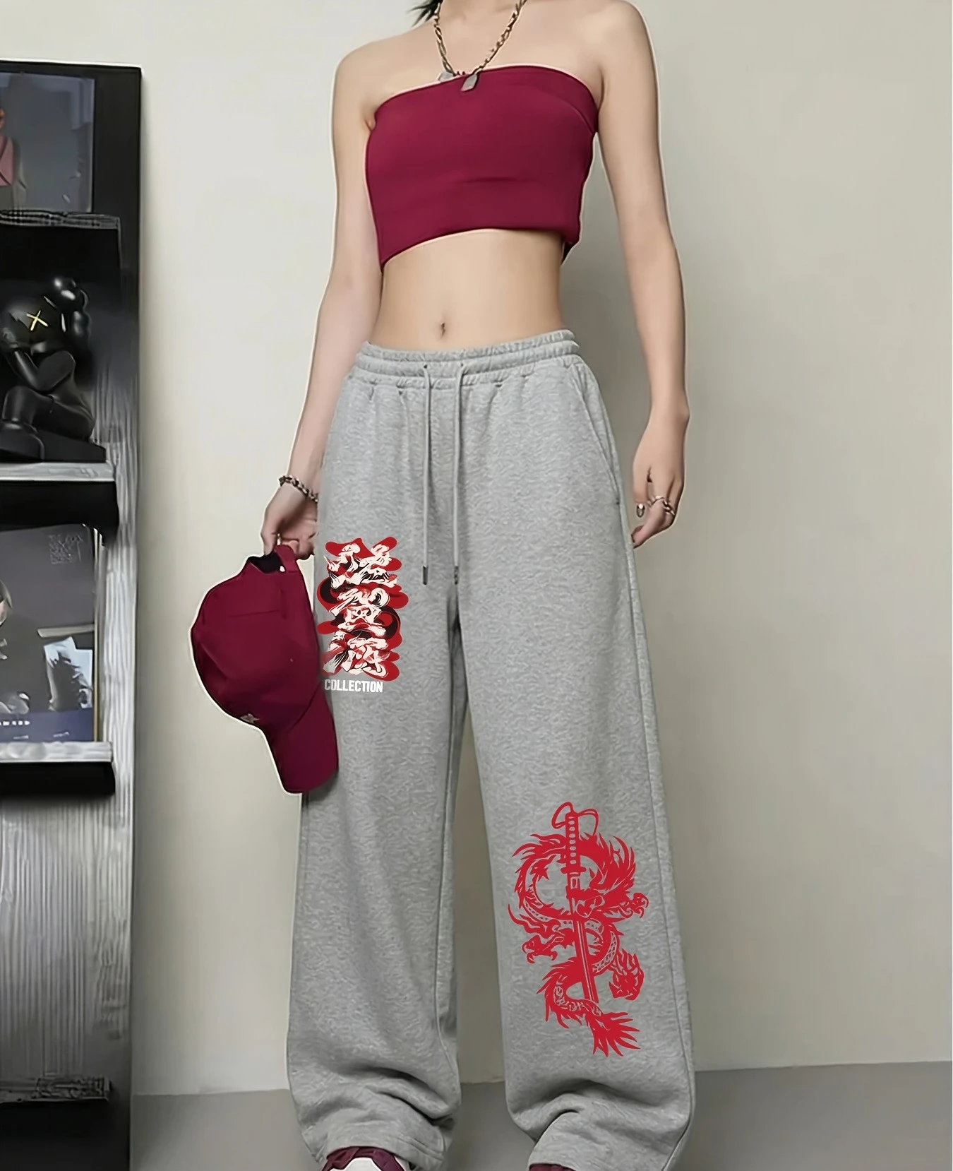 Street China-Chic Style Dragon Pattern Printing, Casual Sports Straight Pants, Elastic Waist Drawstring Wide Leg Pants for Women