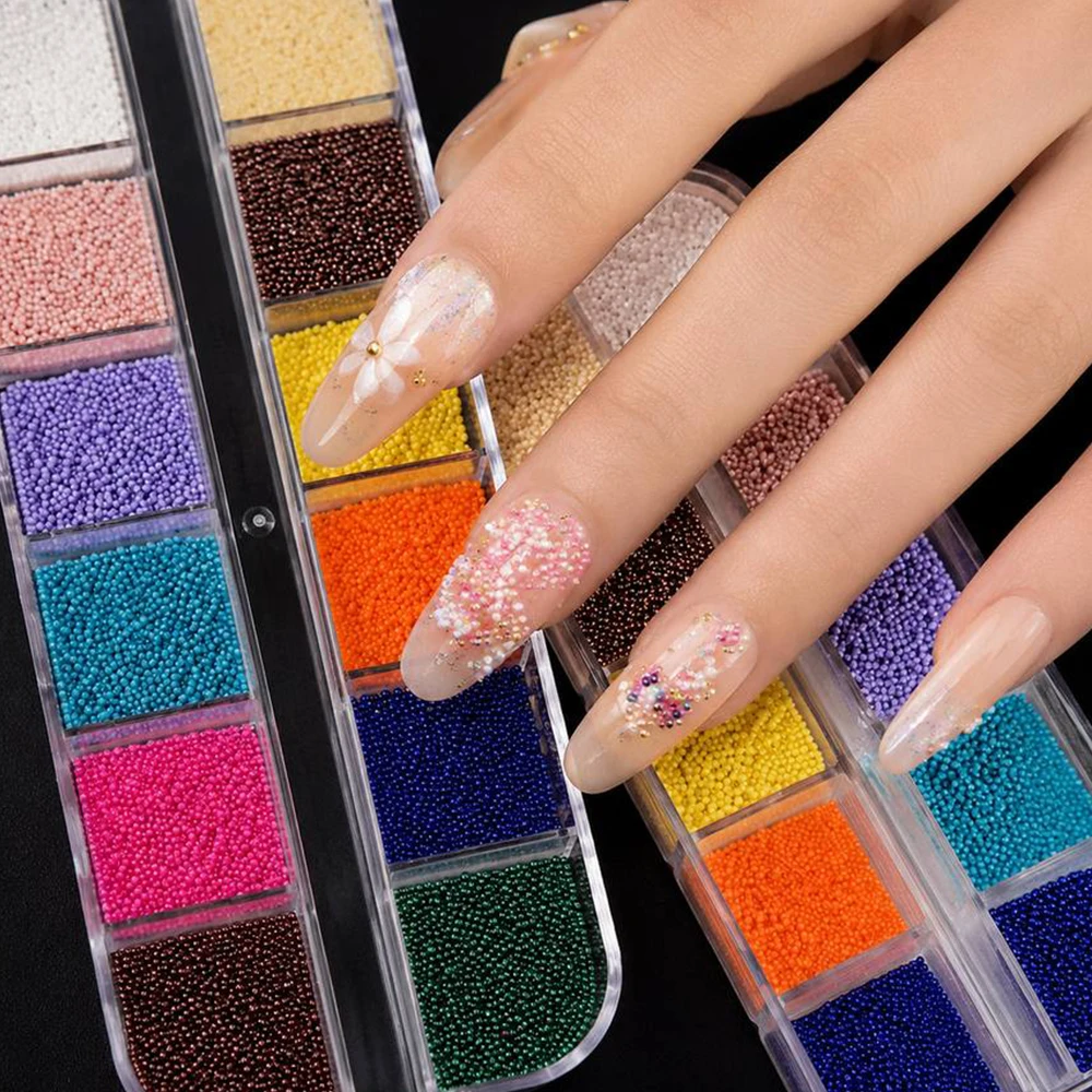 Vibrant Mixed Tone Caviar Micro Nail Beads 12 Compartment Storage Box Tiny Round Metal Nail Studs DIY Decor