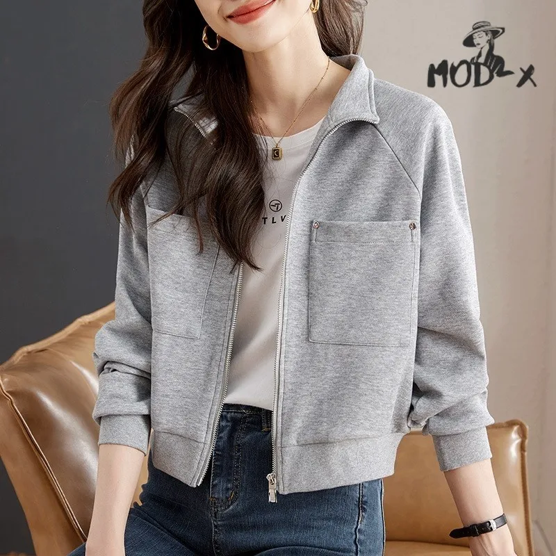 

MODX Autumn Grey Hoodie Coat Women's Spring And Autumn Book 2024 New Small Casual Zipper Cardigan Top Trend Hot New