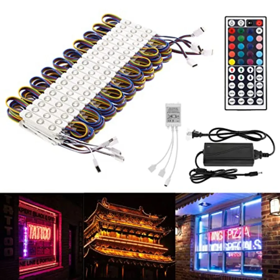 

50Ft Commercial RGB Storefront Light Kit for Business with Remote Control 12v Power Supply Transformer 100Pcs 3-LED Outdoor Adh