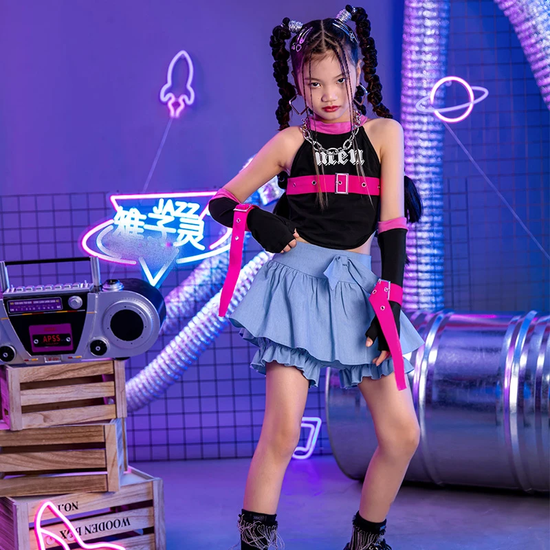 

Children'S Day Hip Hop Dance Costumes For Kids Black Crop Tops Blue Skirts Suit Girls Jazz Performance Stage Clothes DQL8405