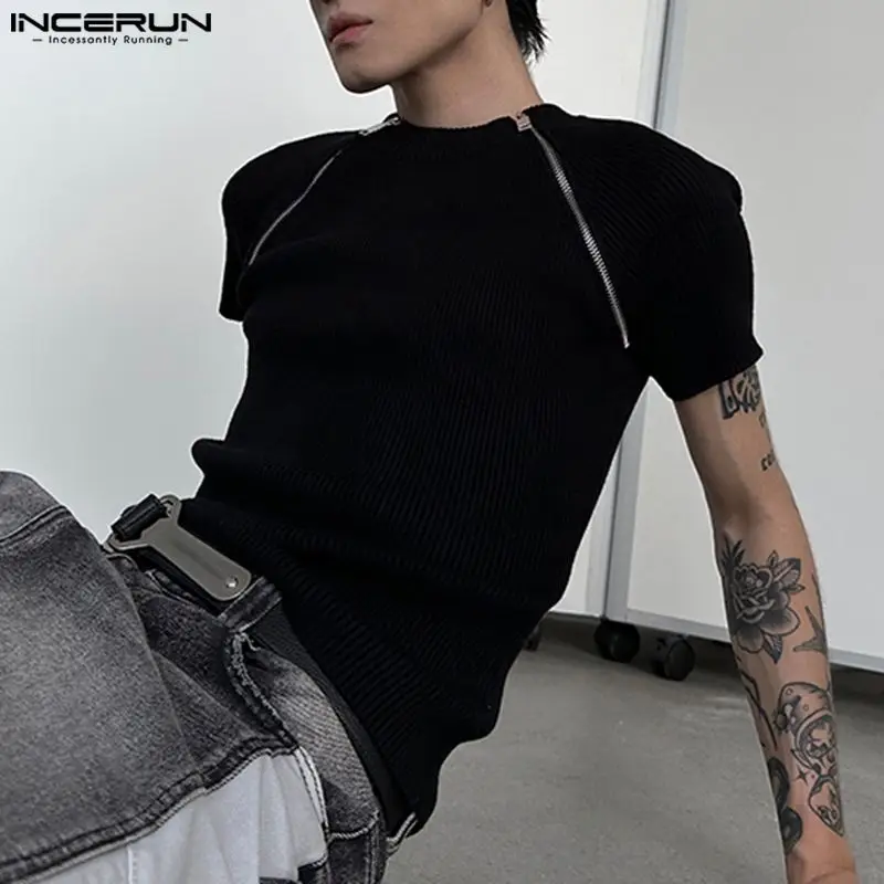 INCERUN 2023 Men T Shirt Solid Color Zipper Knitted O-neck Short Sleeve Men Clothing Streetwear Fitness Casual Tee Tops S-5XL