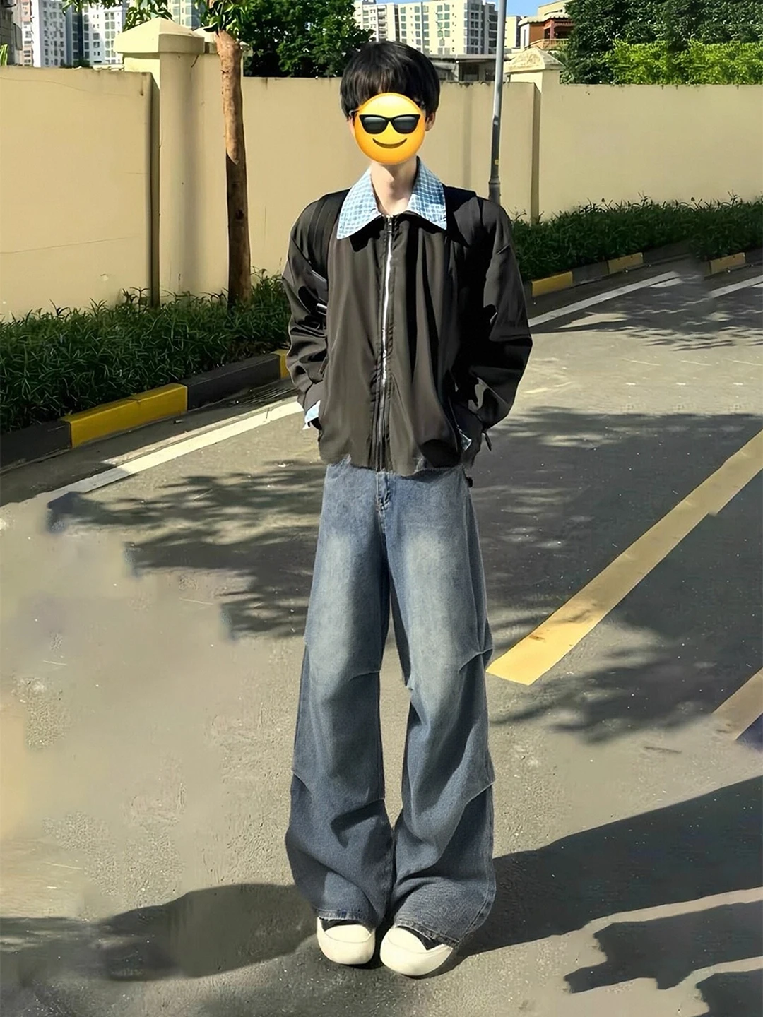 

Cleanfit Blue Pleated Wide Leg Jeans Men's Straight Cut American High Street Vibe Trousers mid Waist Zipper Casual Wear