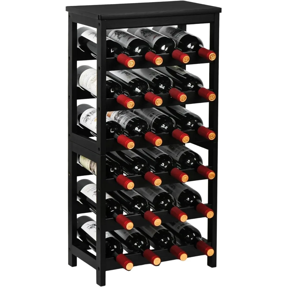 

Wine Rack Freestanding Floor, 6-Tier Display Wine Storage Shelves with Table Top, 24-Botttle Bamboo Shelf for Living Room, Black