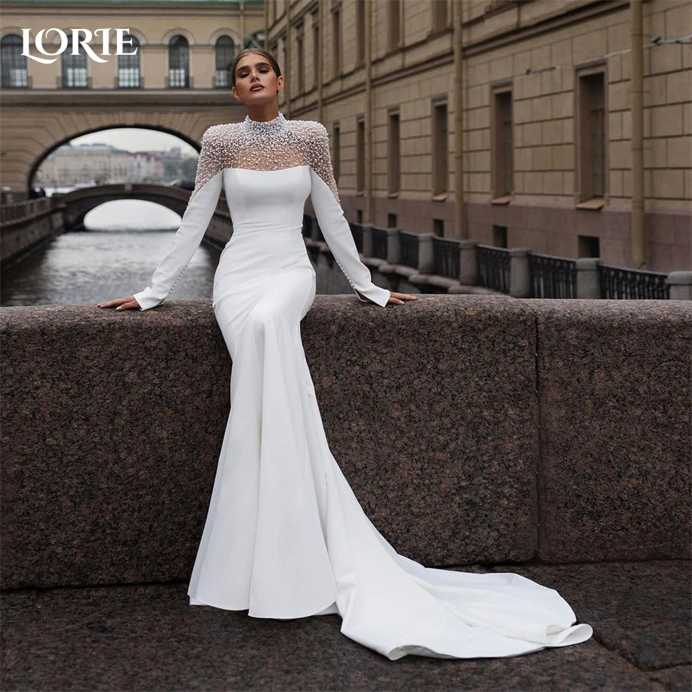 LORIE Luxury Glitter Mermaid Wedding Dresses High Neck Solid Bodycon Long Sleeves Bridal Gowns Pearls Customized Bride Dresses