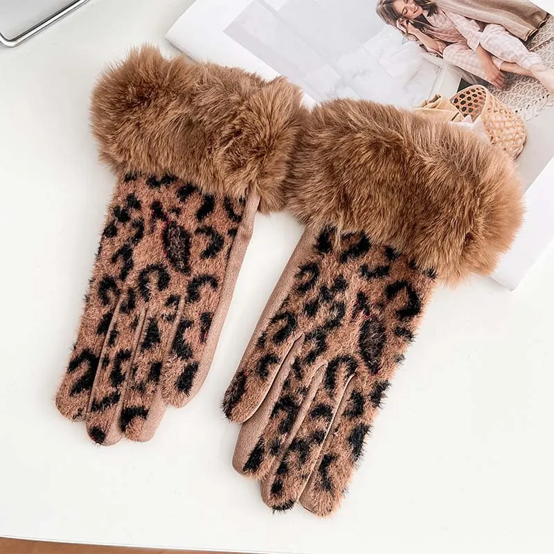 قفازات من جلد الغزال بطبعة الفهد لركوب الدراجات في الشتاء - قفازات نسائية دافئة مقاومة للبرد ومضادة للرياح مبطنة بالصوف للخريف والشتاء #1