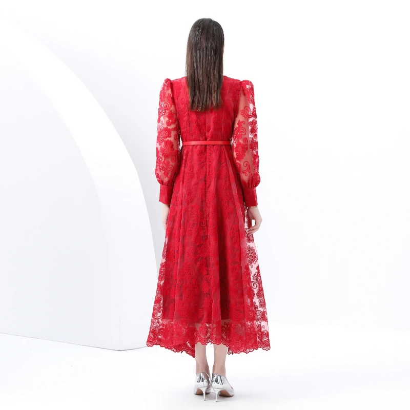 الربيع الصيف النساء خمر قصر نمط شبكة التطريز زهرة الوقوف طوق طويل ماكسي فساتين الحفلات المسائية مع حزام