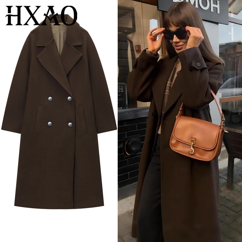 معطف نسائي من HXAO مصنوع من صوف التويد البني ومعاطف يمزج ملابس خارجية للموسم الديمي معطف طويل كبير الحجم معاطف نسائية بأكمام طويلة