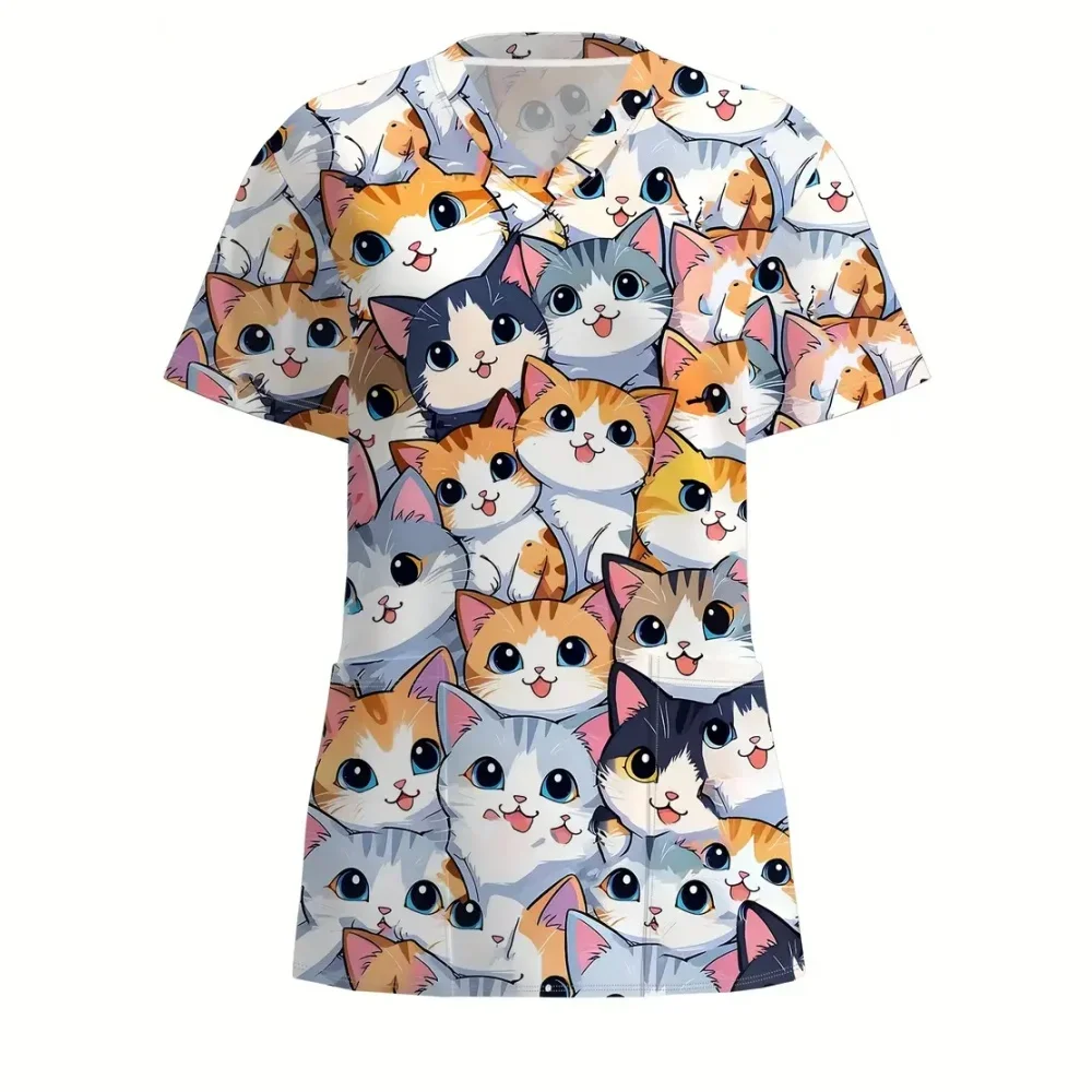 Клиническая униформа, женская модная ветеринарная форма с милым котом и мультяшным принтом, топы для кормления с карманами, летняя хирургическая униформа с короткими рукавами, женская