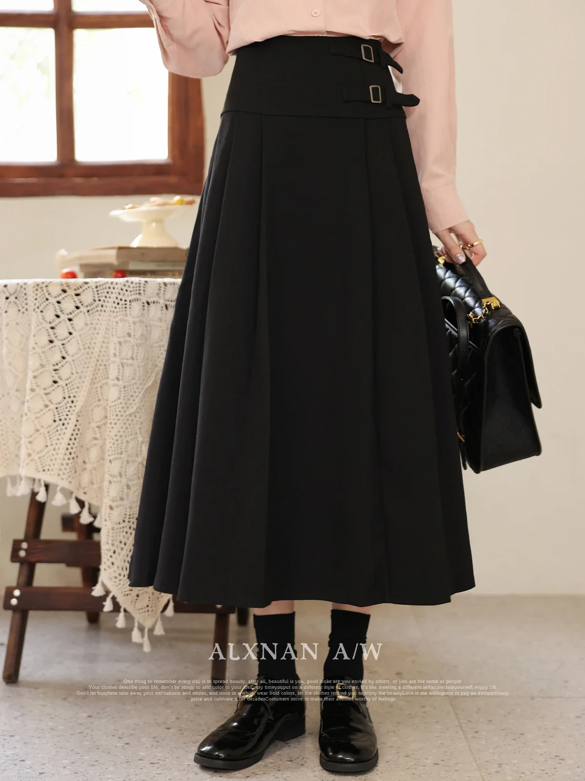 

ALXNAN Herben Style Black Skirts for Women Classic A-line Elastic Waist Pleated Midi Skirt 2024 Autumn Winter Bottoms LXN31857