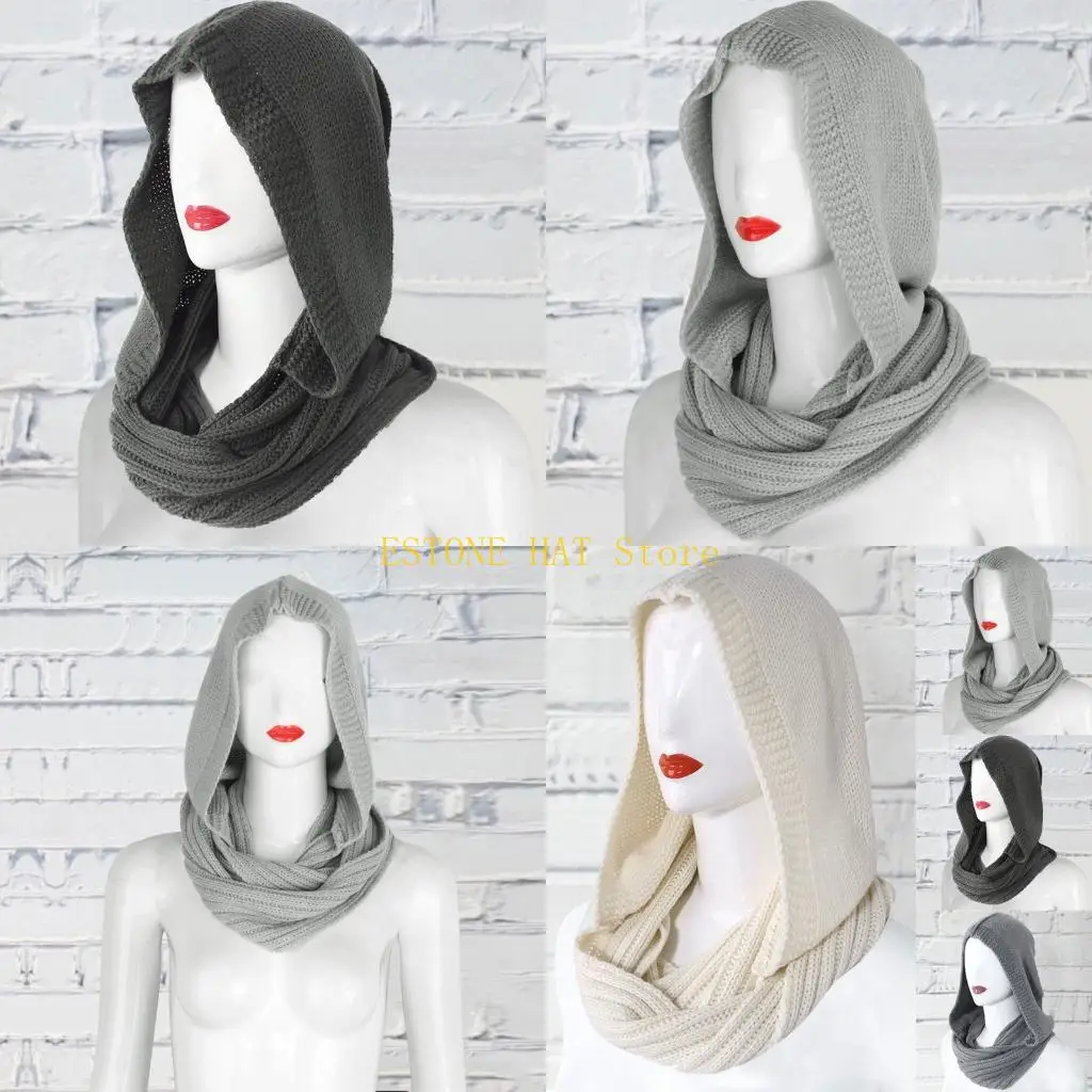 49MF Knitted for Infinity Loop Hood Scarf Cold Weather Windproof Warm Earflap