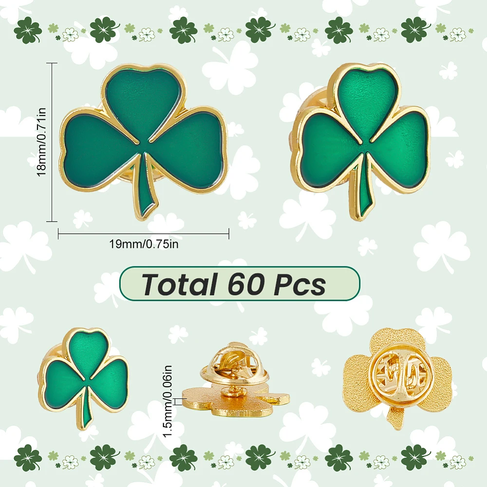 1 Box 60pcs St Patricks Day Pins Clover Lapel Pin Enamel Green Good Luck Ireland Lucky Irish Three Leaf Souvenir Shamrock Pin