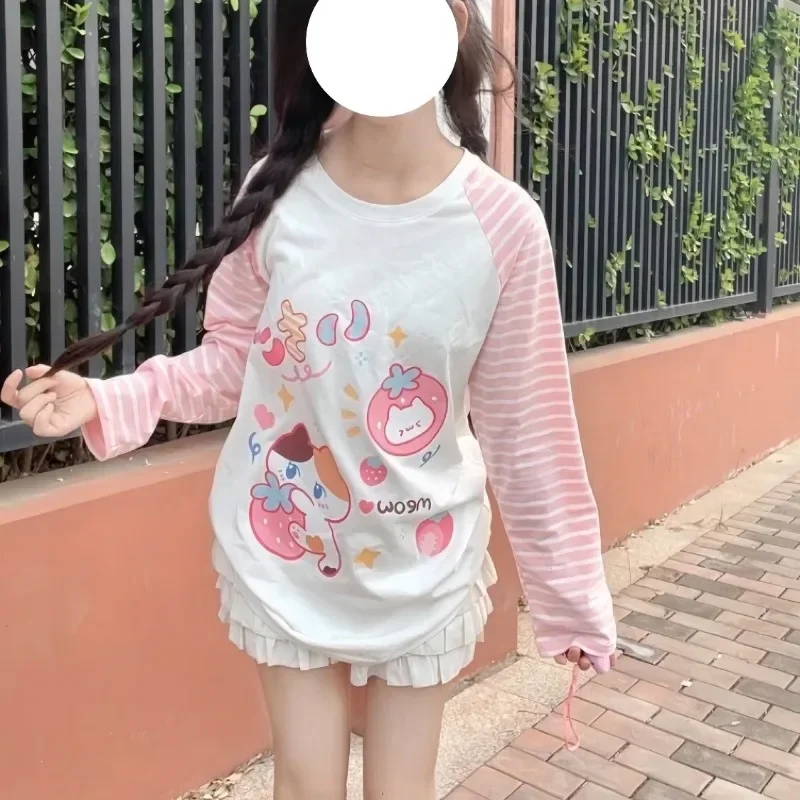 Shirts Graphic Tee Cartoon Print Pink Striped Cute Long Sleeve 2000s Japanese Tops Youth Women's T-shirts Girl Kawaii Clothes