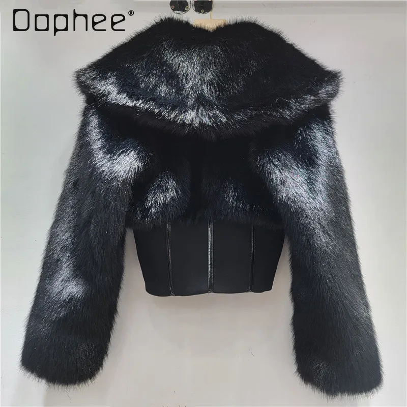 

Fashionable Retro Black Faux Fur Patchwork Jacket for Women Short Style with Turn-down Collar Zipper High-end Faux Fur Coat