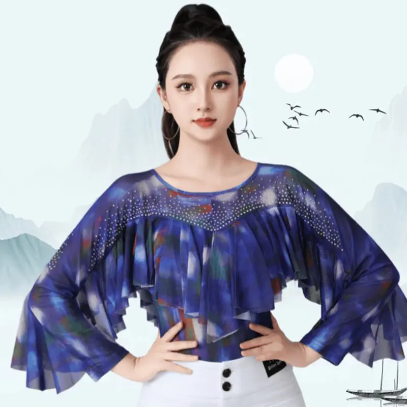 ملابس الرقص اللاتينية للنساء أزياء الماس كشكش طباعة ساحة الرقص تي شيرت ملابس رياضية اللياقة البدنية في الهواء الطلق