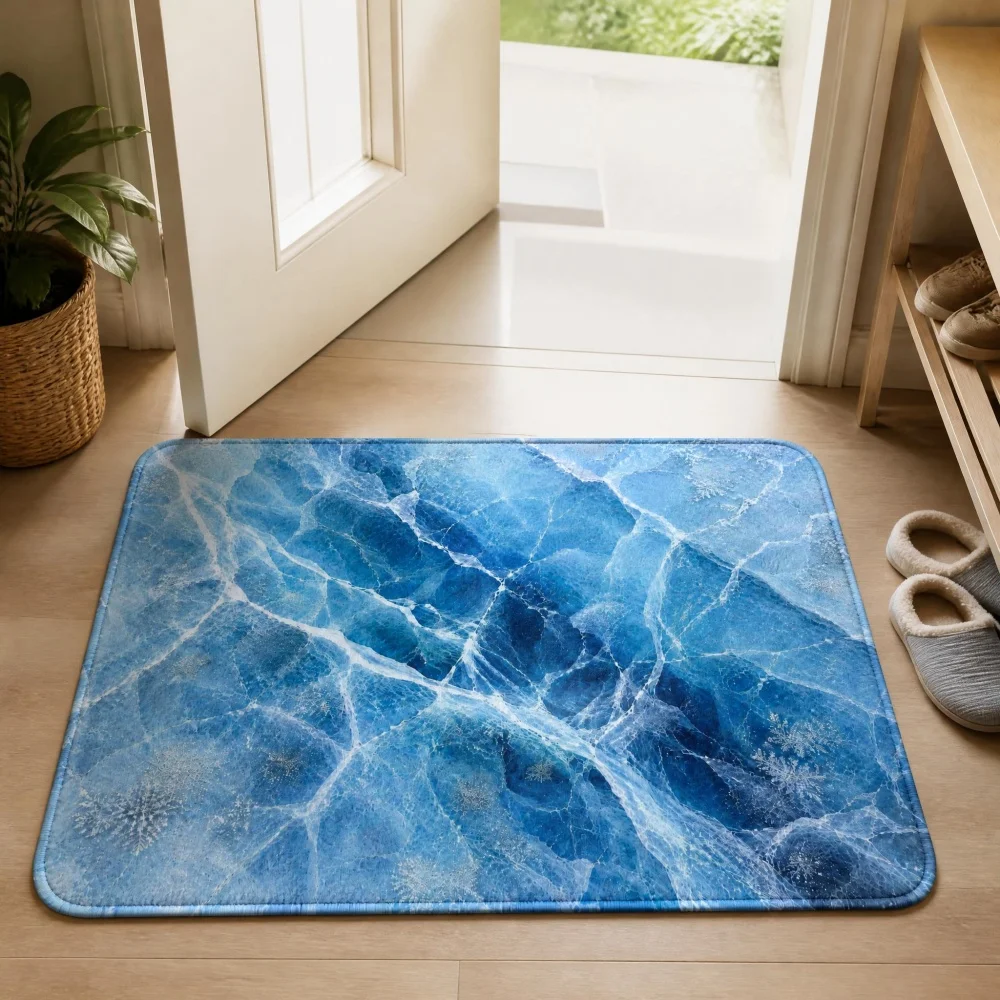 Blue Ice Crack Marble Flannel Doormat, Non Slip Indoor Entrance Floor Mat, Modern Stone Texture Area Rug