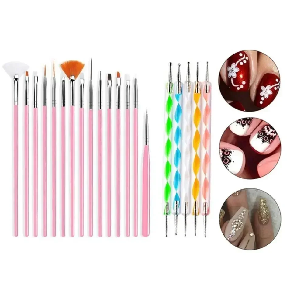 20pcs Nail Art Brush Drawing Polish Thin Liner Brushes Painting Pen Nail Dotting Brush Durable Rhinestones Tool Manicure Set