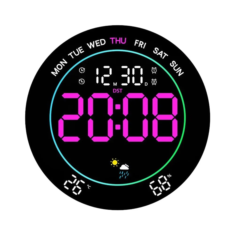 Wall Clock LED with Weather Forecast Function Countdown Timer Brightness Adjustment Large Screen for Living Room Bedroom