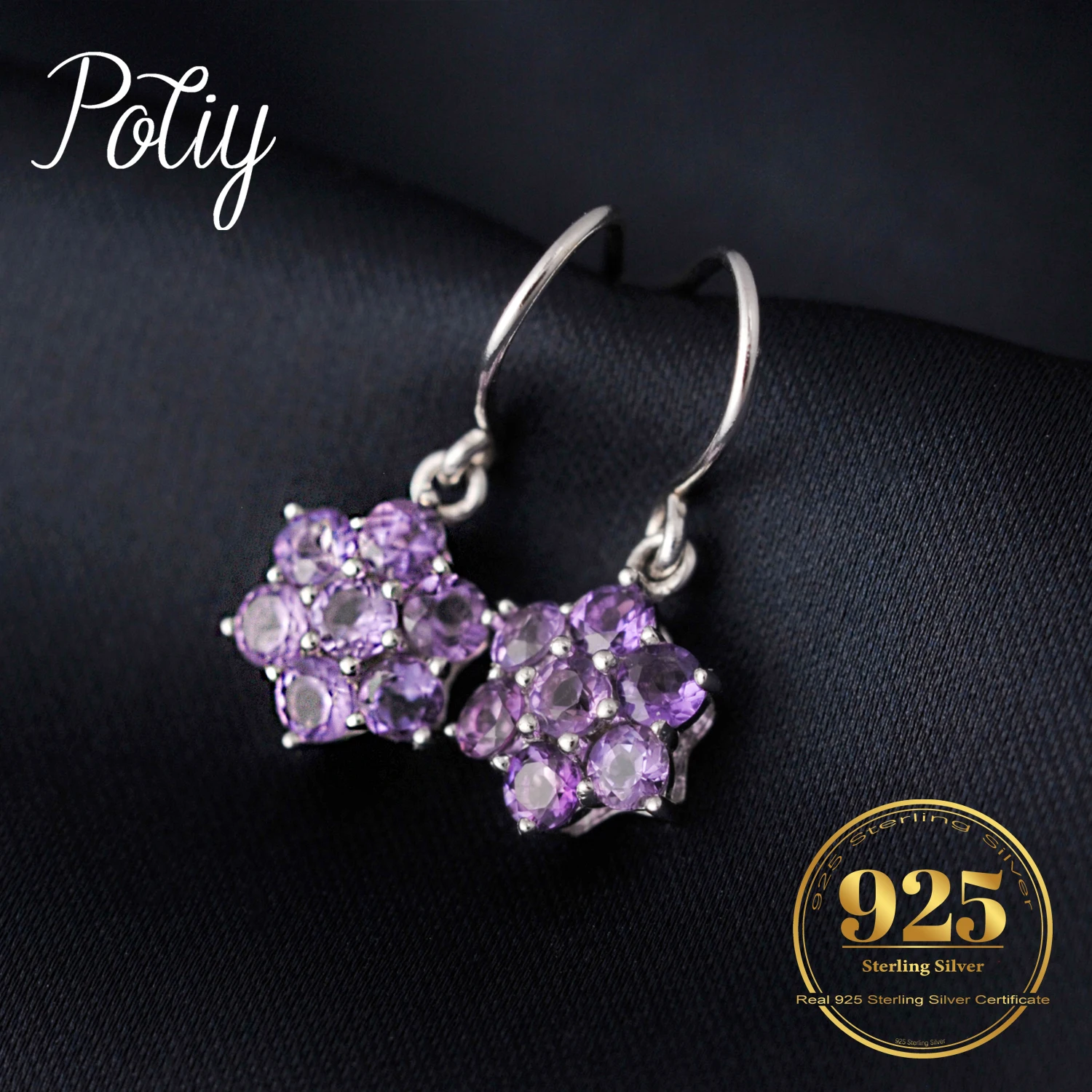 Potiy 1.5ct Cute Flower 2ct Amethyst Dangle Drop Earrings for Women Daily Party Jewelry Birthstone Gift For Her