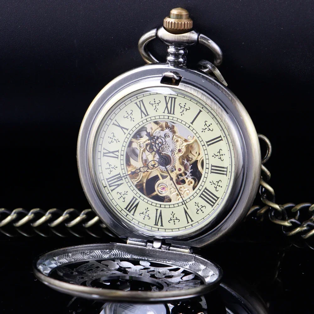 New Mechanical Pocket Watch Men Roman Numerals Display Steampunk Bronze Vintage Fob Chain Pendant Women Men Timepiece PJX1654