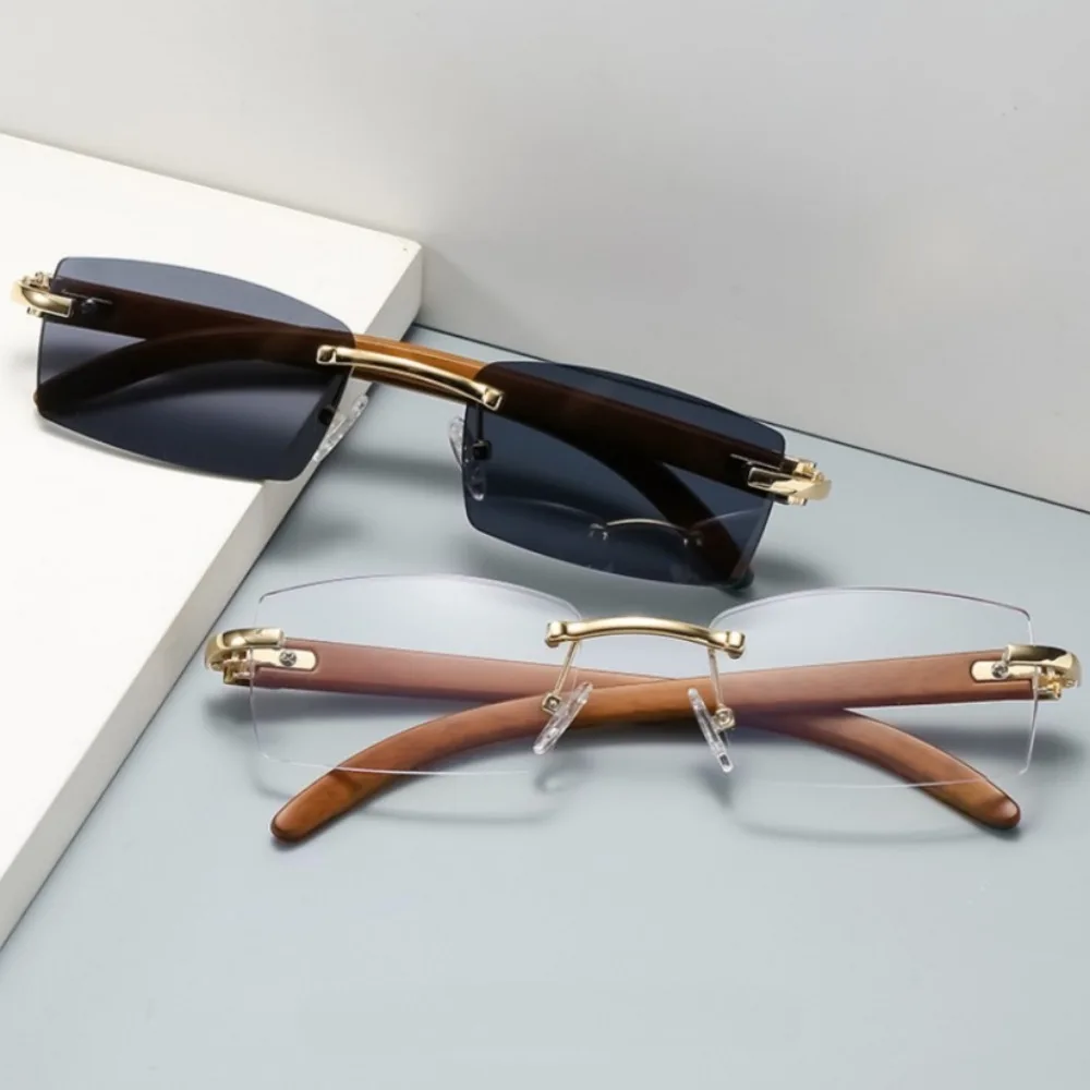 Style Retro Sunglasses for Women Ins Same Style Wood Texture Leopard Grain Mirror Legs Octagon Frameless Korean Sunglasses